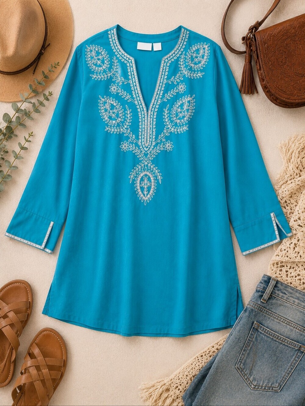 Chicos Embellished Embroidered Quarter Sleeve Tunic Sz 3/XL